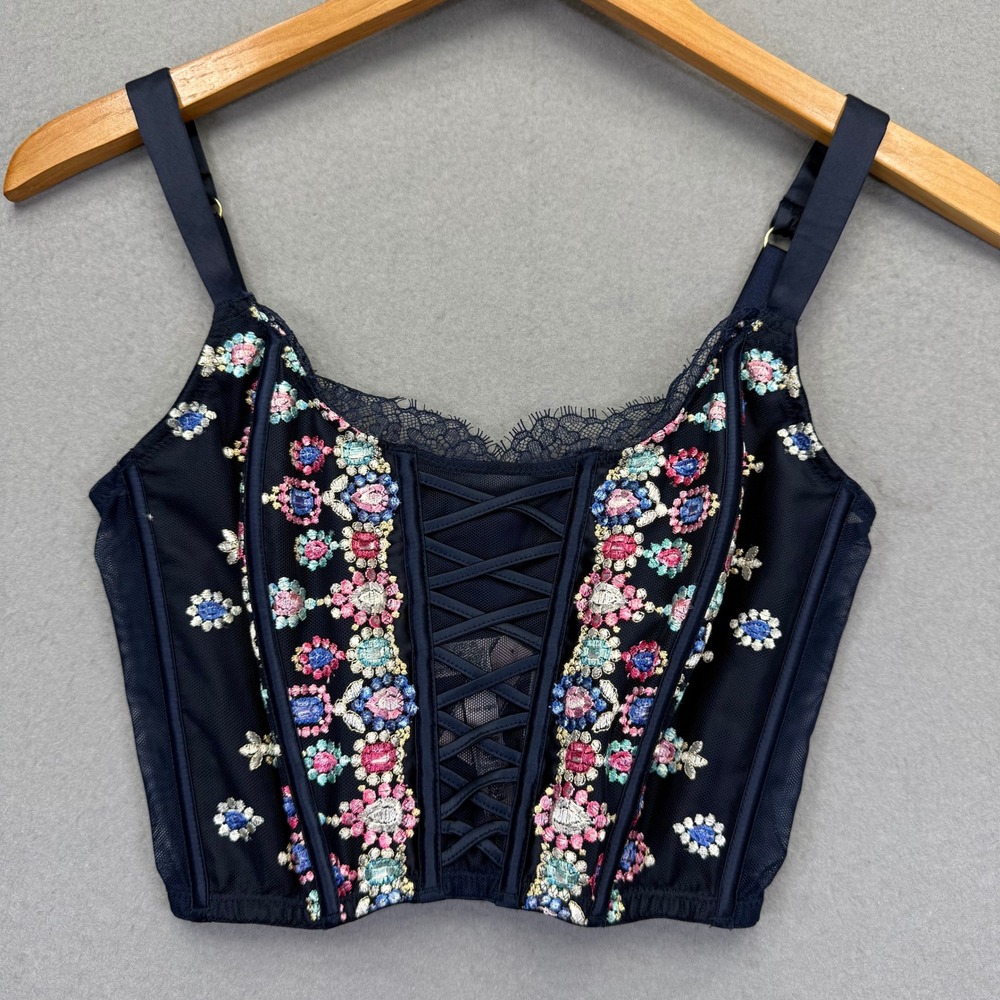 Victorias Secret Dream Angels Embroidered Corset Top Navy‎ Blue S-DD 227725-QB5